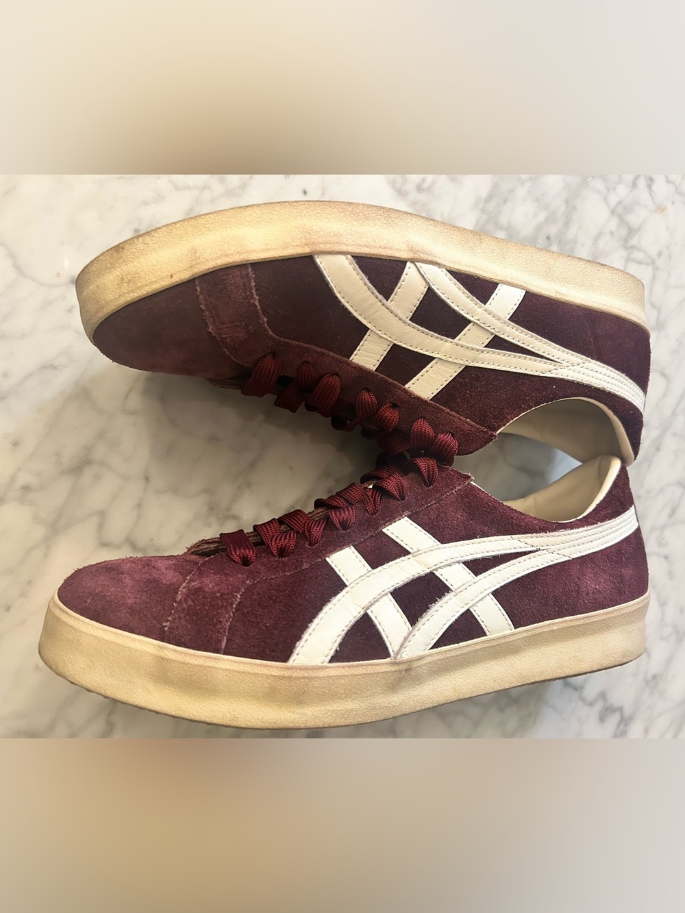 Onitsuka Tiger Burgundy Suede Sneakers with White Stripes - Picture 6 of 8